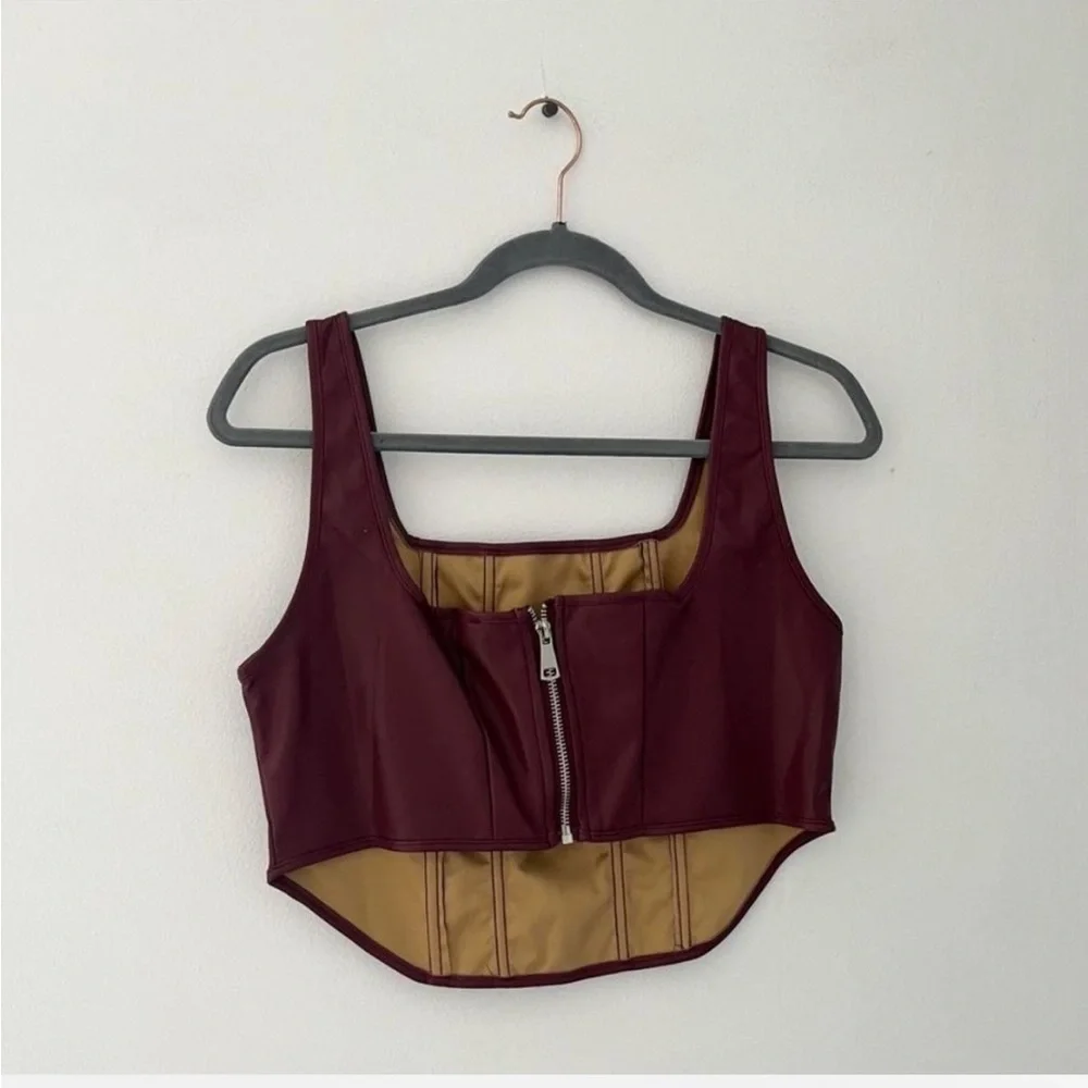 Hyfve Burgundy Red Silver Zippered up Leather interior Crop Top. - Picture 1 of 5